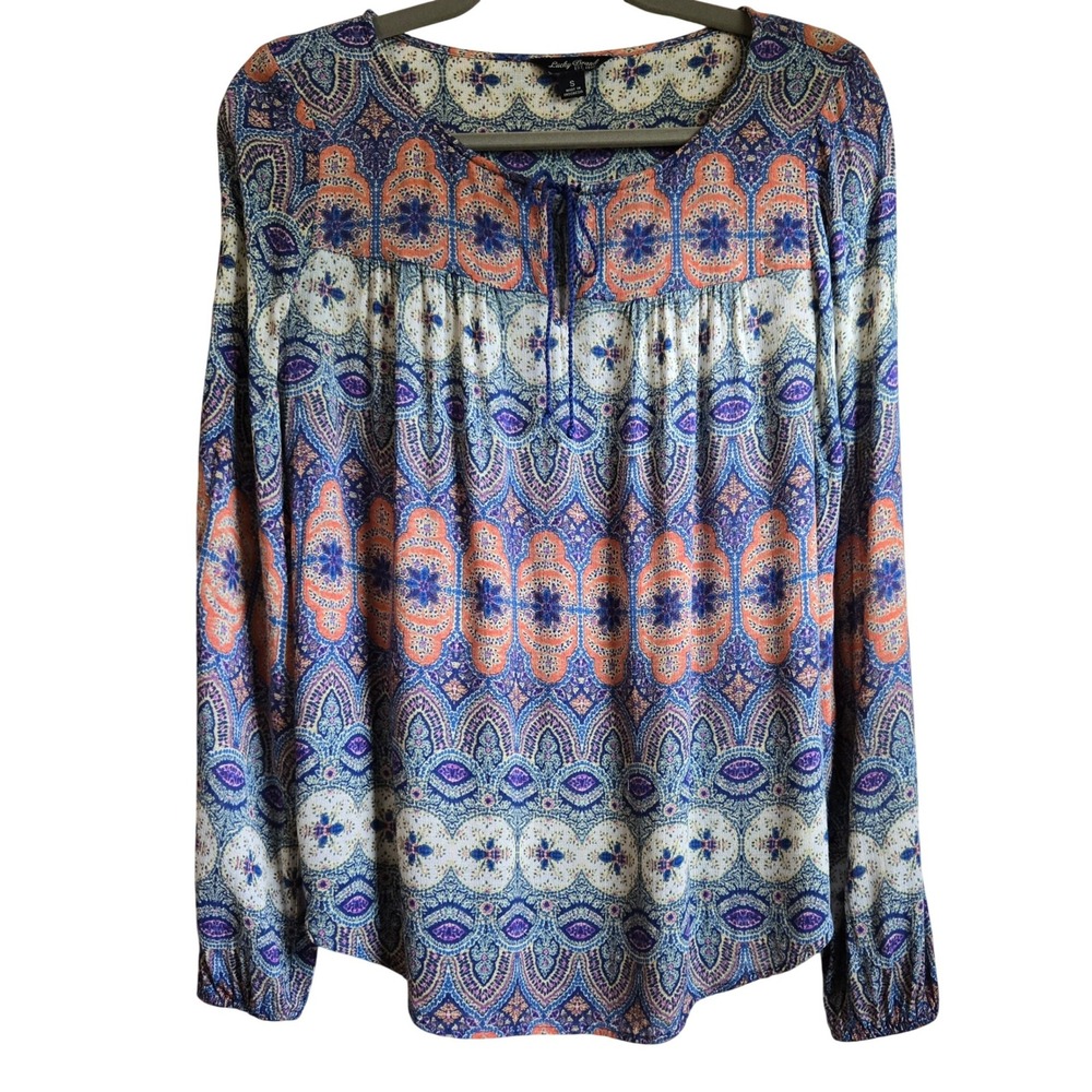 Paisley Boho Lucky Brand Women's Small Blue Orange Tie Neck Peasant Blouse Sz S‎
